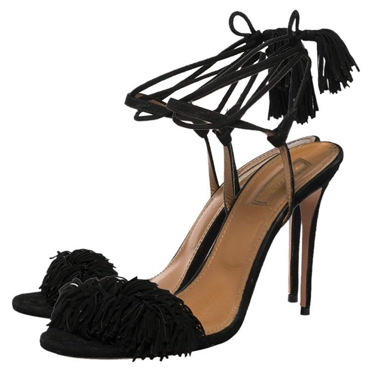 Pre Owned Aquazzura Black Fringed Suede Wild Thing Ankle Wrap Sandals Size 39