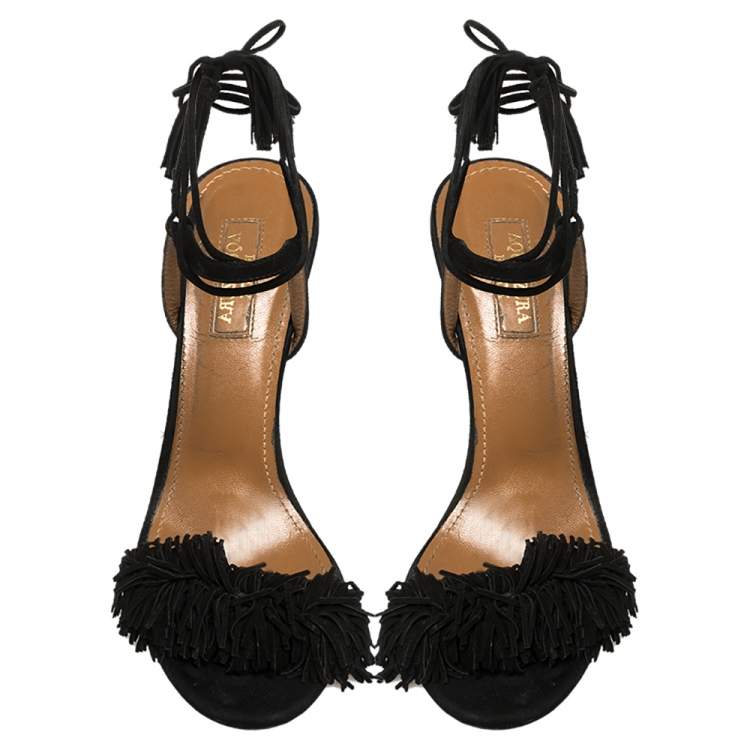 Pre Owned Aquazzura Black Fringed Suede Wild Thing Ankle Wrap Sandals Size 39