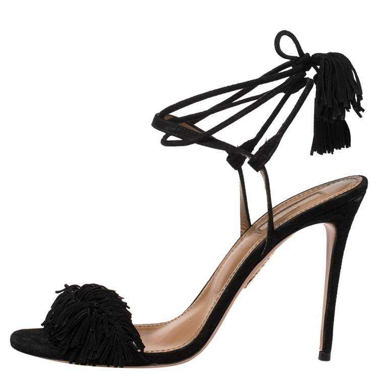 Pre Owned Aquazzura Black Fringed Suede Wild Thing Ankle Wrap Sandals Size 39