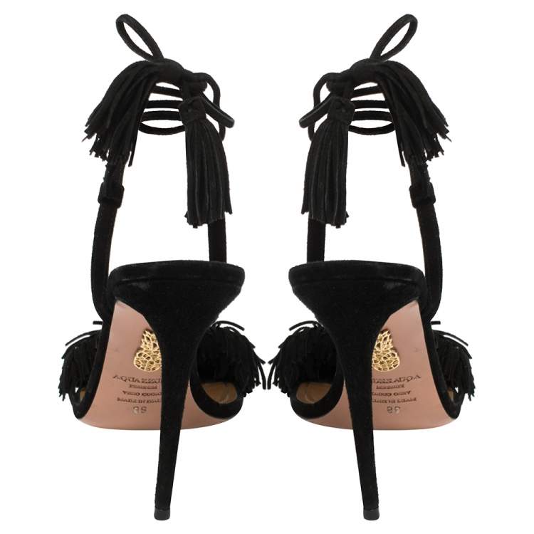 Pre Owned Aquazzura Black Fringed Suede Wild Thing Ankle Wrap Sandals Size 39