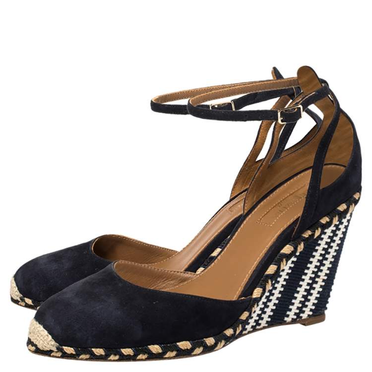 Pre Owned Aquazzura Blue Suede and Fabric Wedge Espadrille Sandals Size 39
