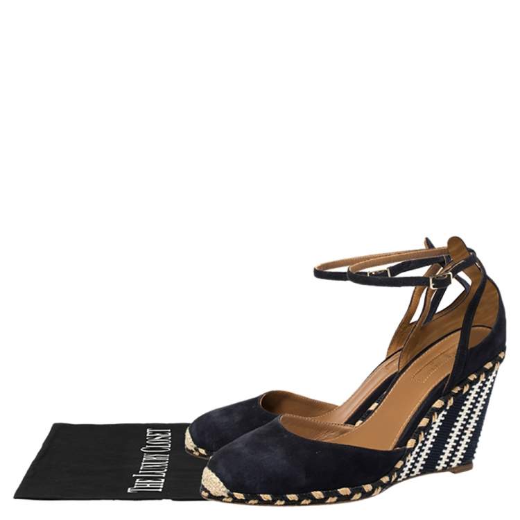 Pre Owned Aquazzura Blue Suede and Fabric Wedge Espadrille Sandals Size 39