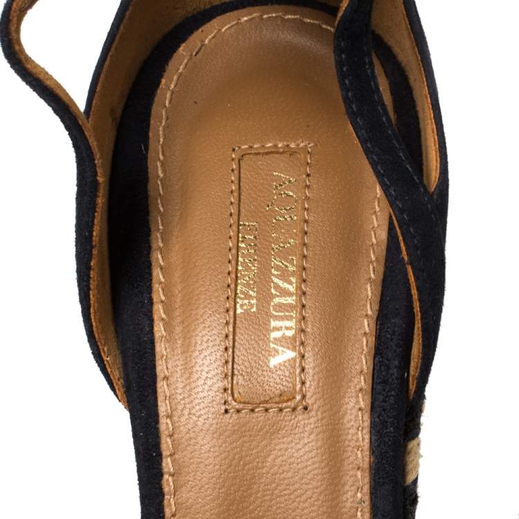 Pre Owned Aquazzura Blue Suede and Fabric Wedge Espadrille Sandals Size 39