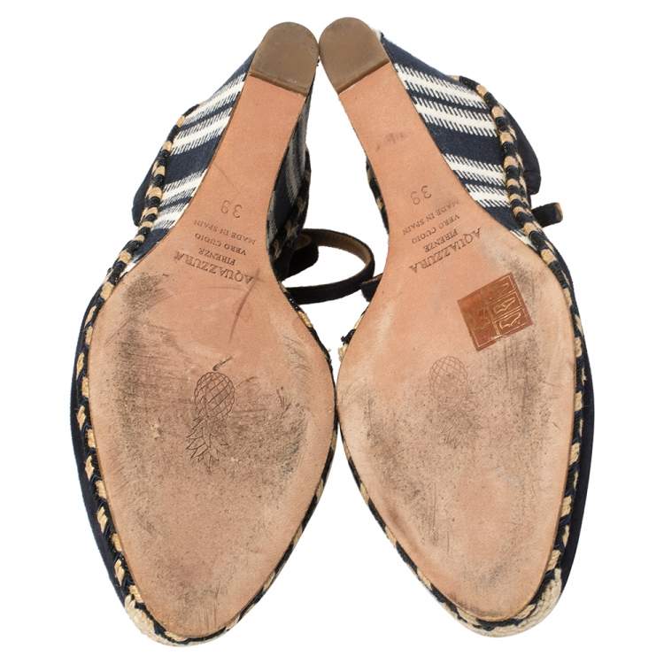 Pre Owned Aquazzura Blue Suede and Fabric Wedge Espadrille Sandals Size 39