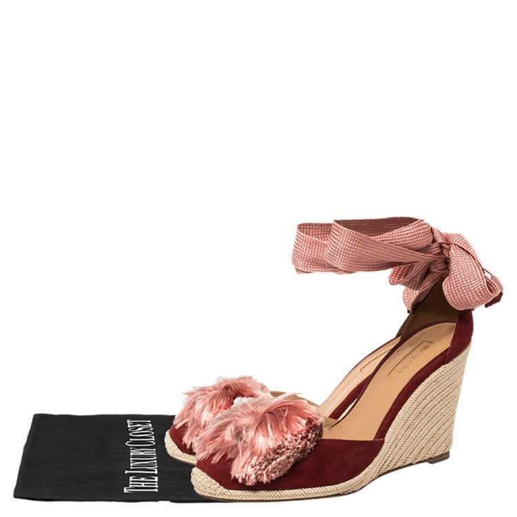 Pre Owned Aquazzura Red Suede Lotus Blossom Espadrille Wedge Ankle Wrap Sandals Size 39