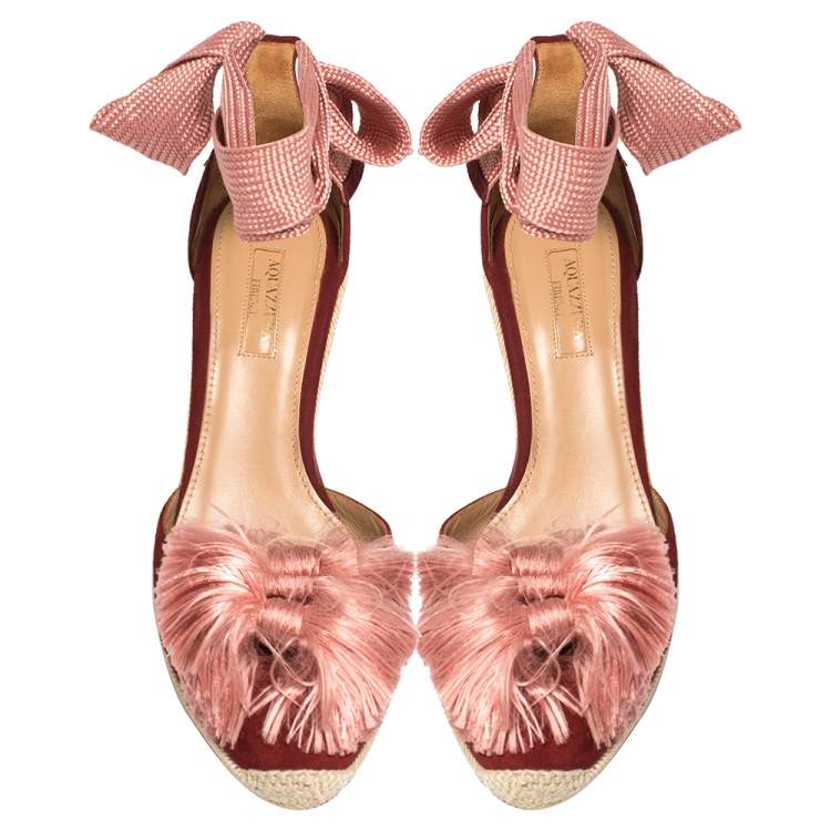 Pre Owned Aquazzura Red Suede Lotus Blossom Espadrille Wedge Ankle Wrap Sandals Size 39