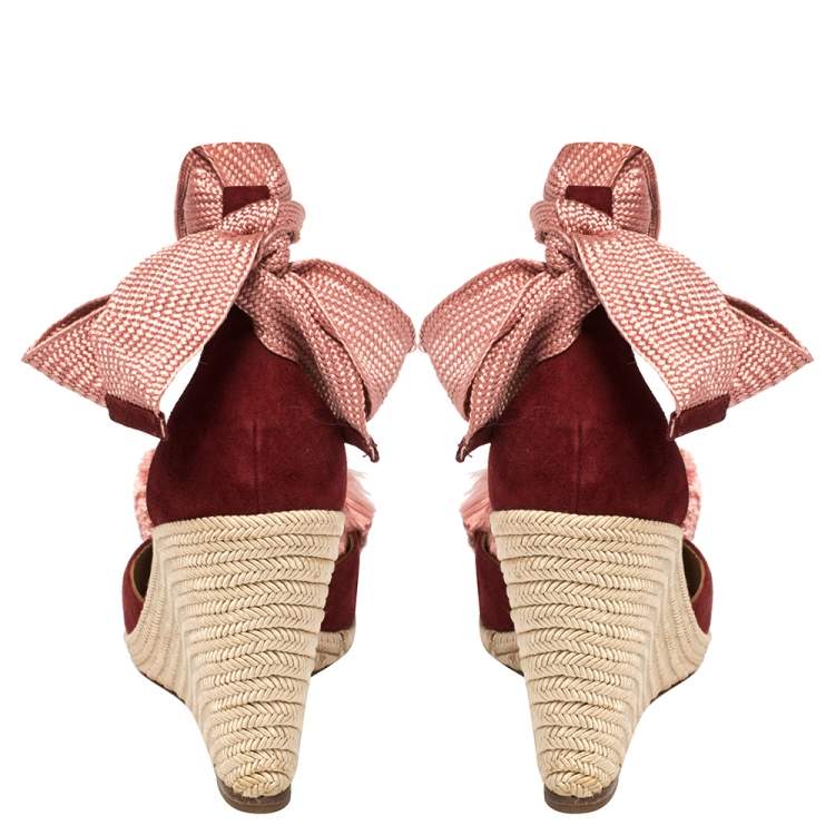 Pre Owned Aquazzura Red Suede Lotus Blossom Espadrille Wedge Ankle Wrap Sandals Size 39