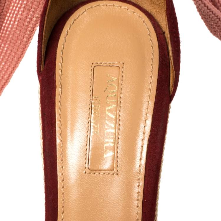 Pre Owned Aquazzura Red Suede Lotus Blossom Espadrille Wedge Ankle Wrap Sandals Size 39