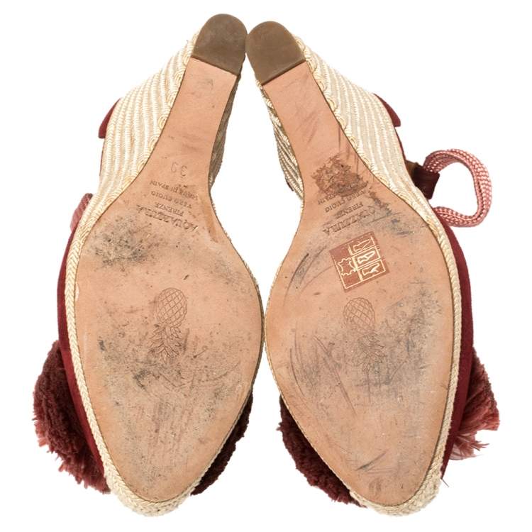 Pre Owned Aquazzura Red Suede Lotus Blossom Espadrille Wedge Ankle Wrap Sandals Size 39