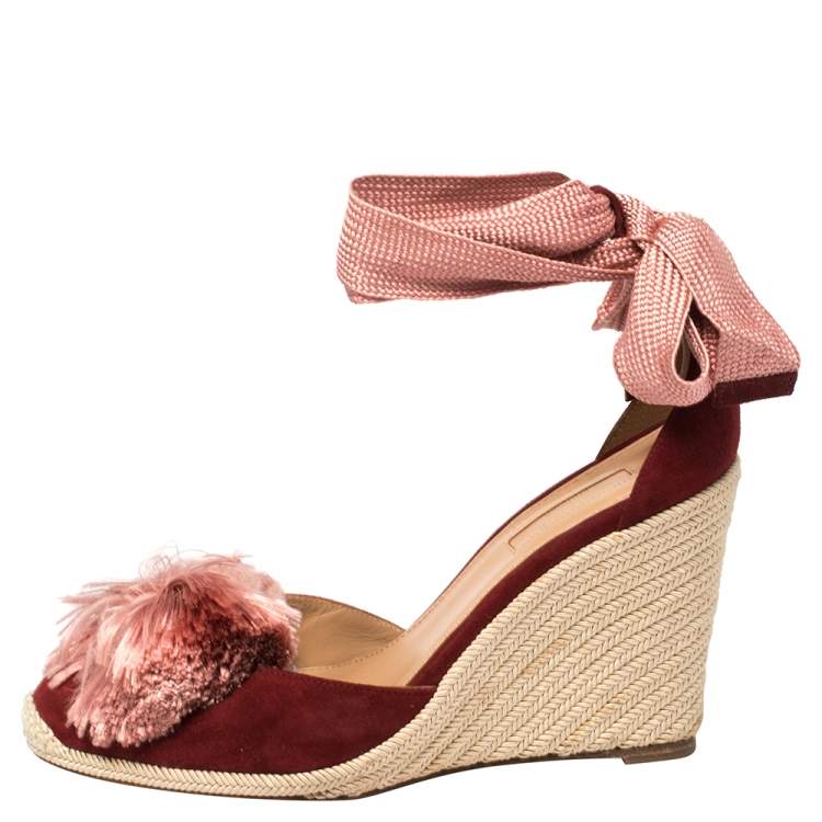 Pre Owned Aquazzura Red Suede Lotus Blossom Espadrille Wedge Ankle Wrap Sandals Size 39