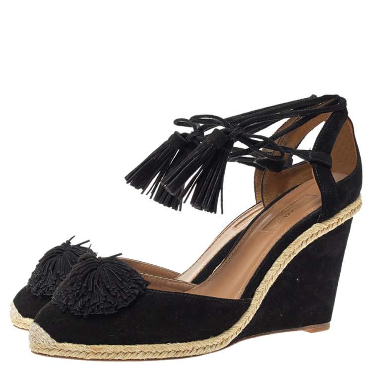 Pre Owned Aquazzura Black Suede Sunshine Pom-pom Wedge Sandal 39 Size