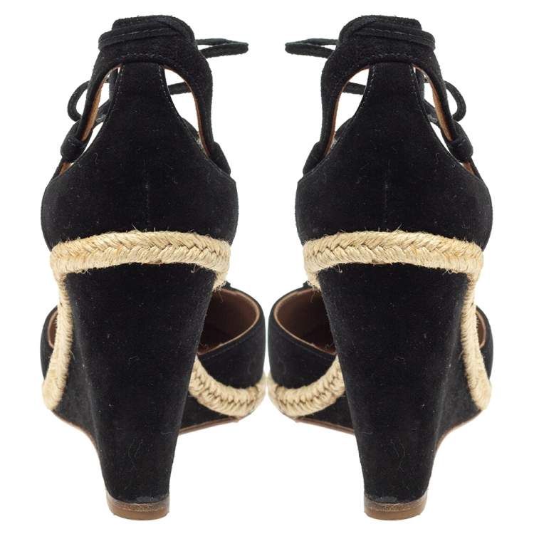 Pre Owned Aquazzura Black Suede Sunshine Pom-pom Wedge Sandal 39 Size