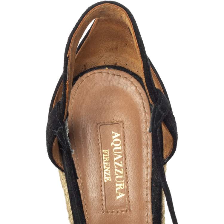 Pre Owned Aquazzura Black Suede Sunshine Pom-pom Wedge Sandal 39 Size