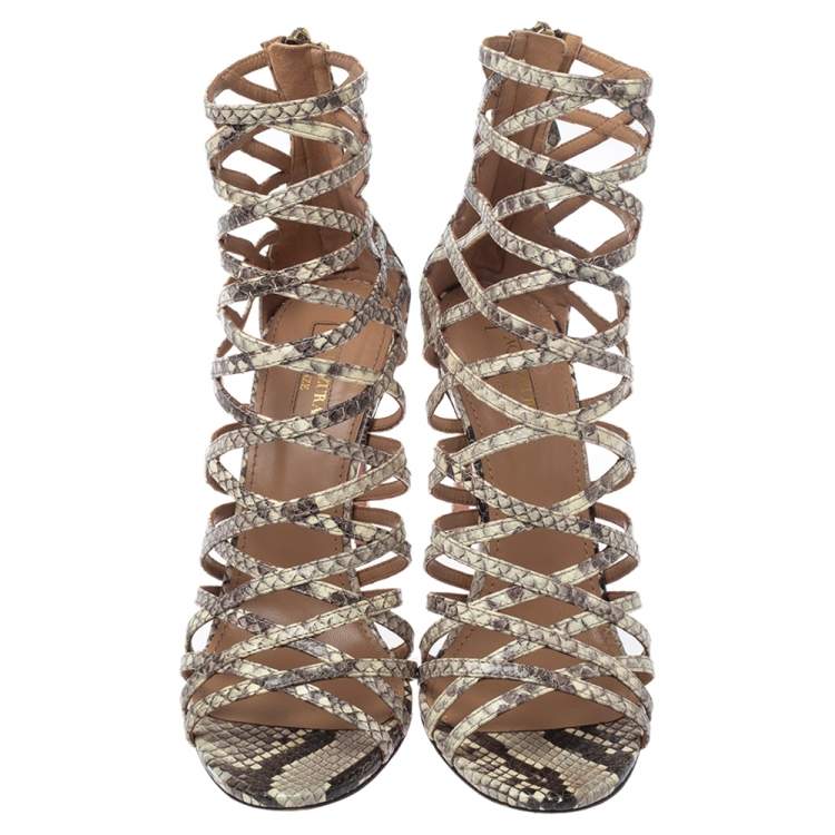 Pre Owned   Aquazzura Cream/lBlack Python Leather Knockout Cage Sandals Size 37.5