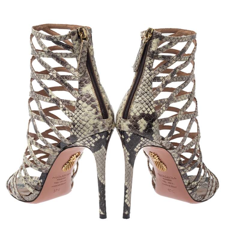 Pre Owned   Aquazzura Cream/lBlack Python Leather Knockout Cage Sandals Size 37.5
