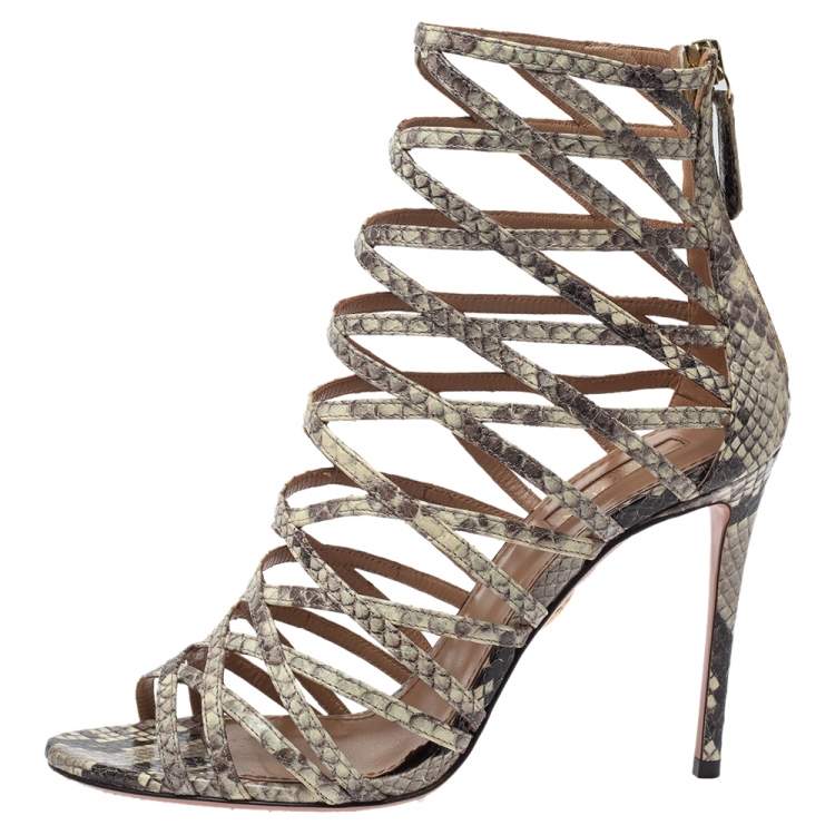 Pre Owned   Aquazzura Cream/lBlack Python Leather Knockout Cage Sandals Size 37.5
