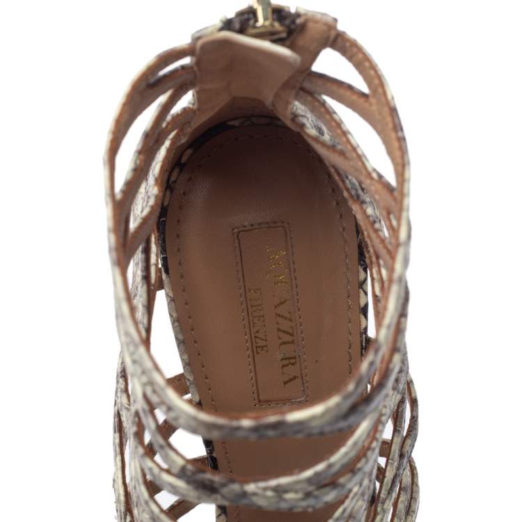 Pre Owned   Aquazzura Cream/lBlack Python Leather Knockout Cage Sandals Size 37.5
