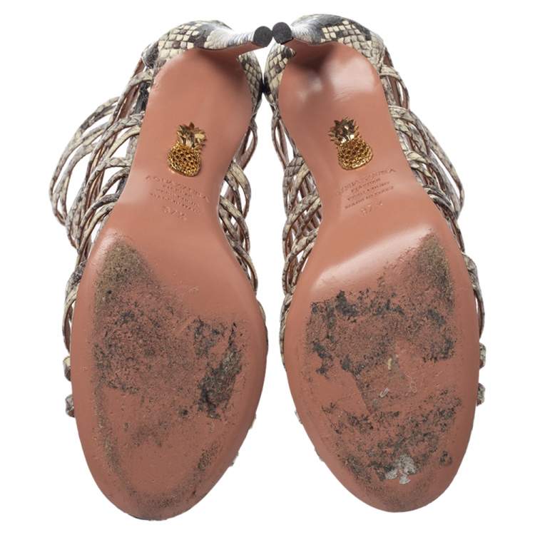 Pre Owned   Aquazzura Cream/lBlack Python Leather Knockout Cage Sandals Size 37.5