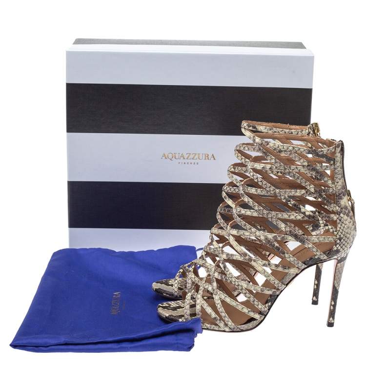 Pre Owned   Aquazzura Cream/lBlack Python Leather Knockout Cage Sandals Size 37.5