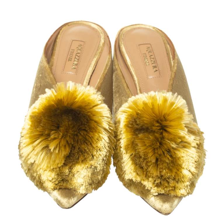 Pre Owned Aquazzura  Gold Velet Powder Puff Mule Sandals Size 36.5