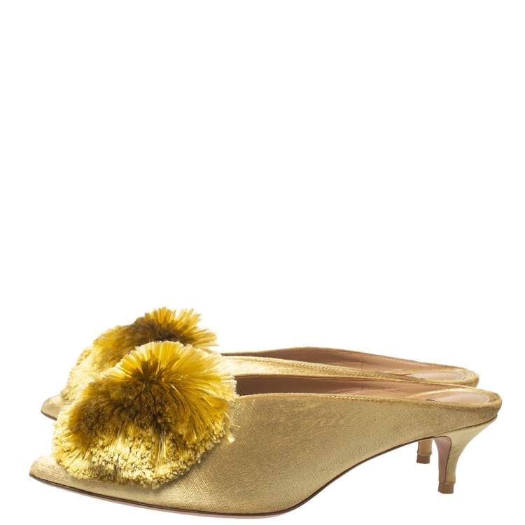 Pre Owned Aquazzura  Gold Velet Powder Puff Mule Sandals Size 36.5
