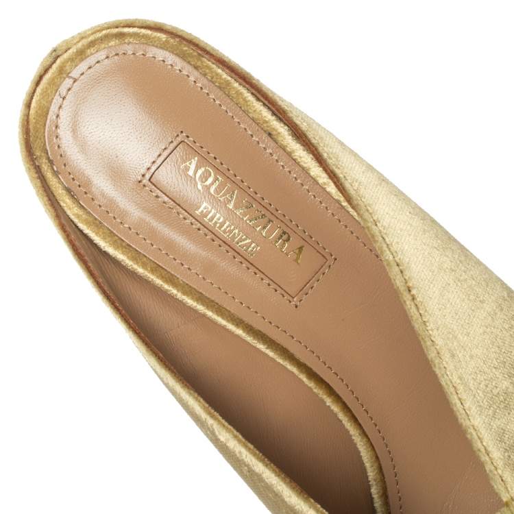 Pre Owned Aquazzura  Gold Velet Powder Puff Mule Sandals Size 36.5