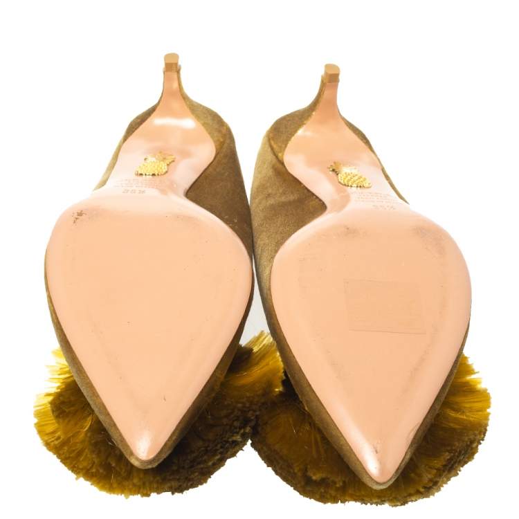 Pre Owned Aquazzura  Gold Velet Powder Puff Mule Sandals Size 36.5
