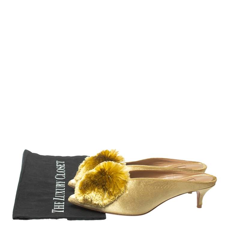 Pre Owned Aquazzura  Gold Velet Powder Puff Mule Sandals Size 36.5
