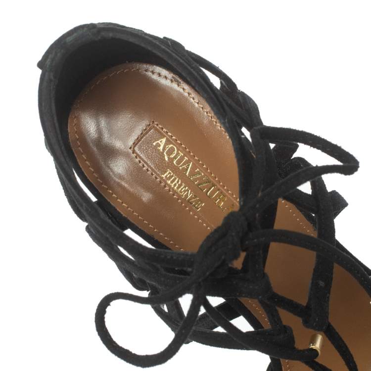 Pre Owned Aquazzura Black Suede Ginger Tie Wrap Sandals Size 37