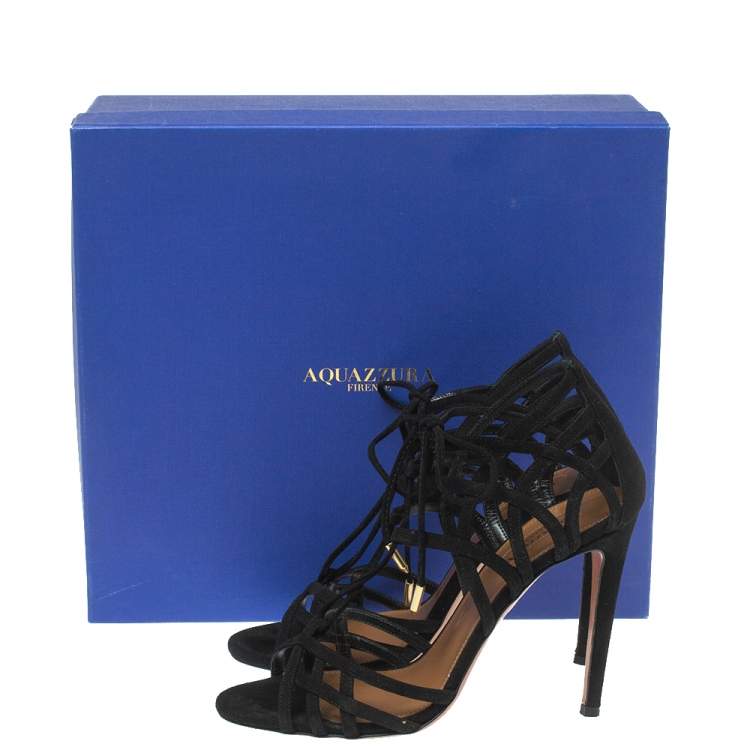 Pre Owned Aquazzura Black Suede Ginger Tie Wrap Sandals Size 37