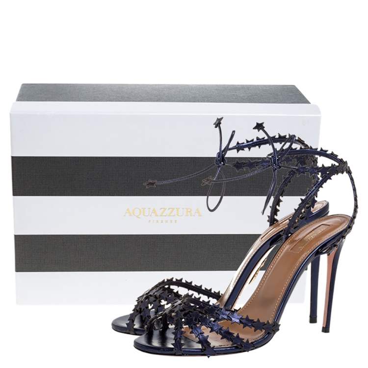 Pre Owned Aquazzura Metallic Blue Leather Starlight Open Toe Ankle Wrap Sandals Size 39