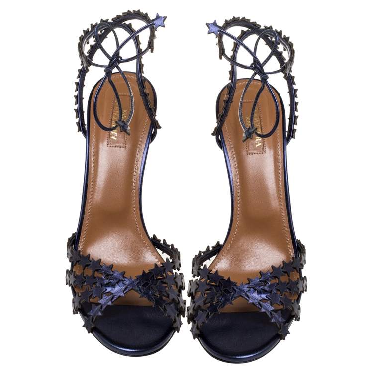 Pre Owned Aquazzura Metallic Blue Leather Starlight Open Toe Ankle Wrap Sandals Size 39