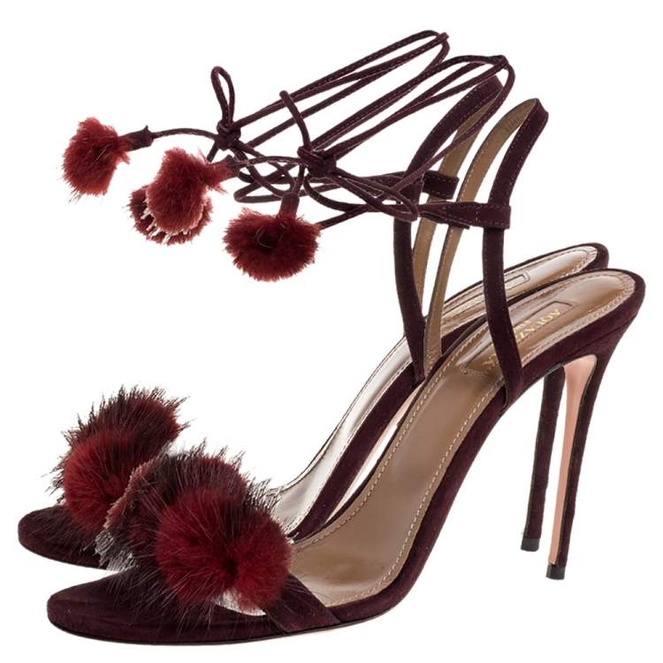 Pre Owned Aquazzura Burgundy Fur And Suede Wild Russian Open Toe Ankle Wrap Sandals Size 39.5