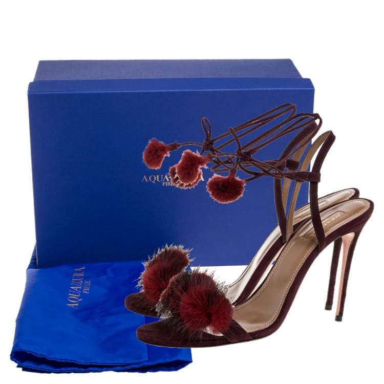 Pre Owned Aquazzura Burgundy Fur And Suede Wild Russian Open Toe Ankle Wrap Sandals Size 39.5