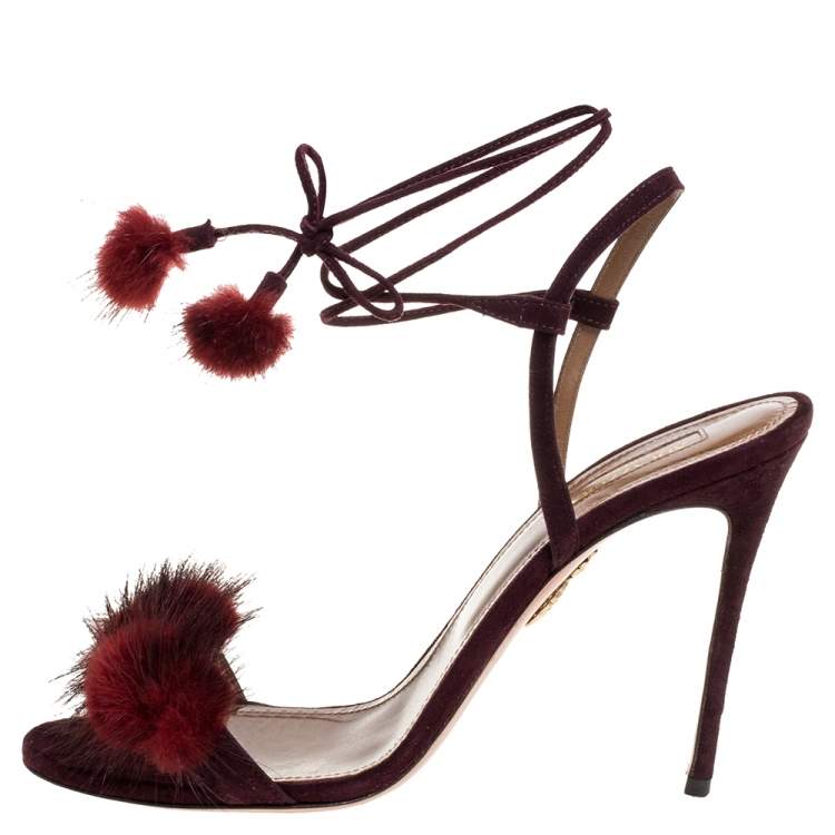 Pre Owned Aquazzura Burgundy Fur And Suede Wild Russian Open Toe Ankle Wrap Sandals Size 39.5