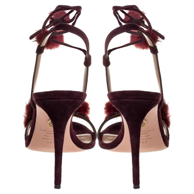 Pre Owned Aquazzura Burgundy Fur And Suede Wild Russian Open Toe Ankle Wrap Sandals Size 39.5