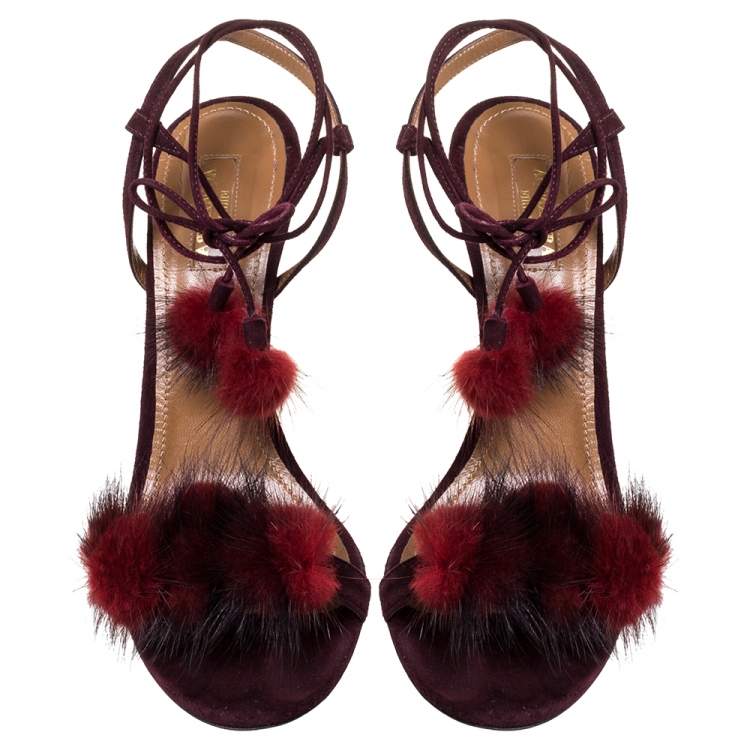 Pre Owned Aquazzura Burgundy Fur And Suede Wild Russian Open Toe Ankle Wrap Sandals Size 39.5