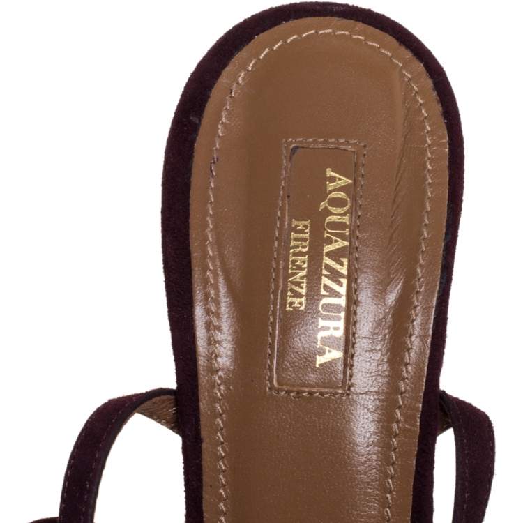 Pre Owned Aquazzura Burgundy Fur And Suede Wild Russian Open Toe Ankle Wrap Sandals Size 39.5