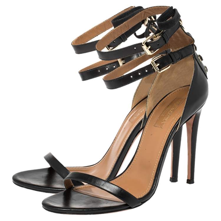 Pre Owned  Aquazzura Black Leather Pina Colada Double Strap Sandals Size 37