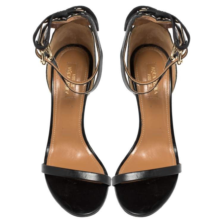 Pre Owned  Aquazzura Black Leather Pina Colada Double Strap Sandals Size 37