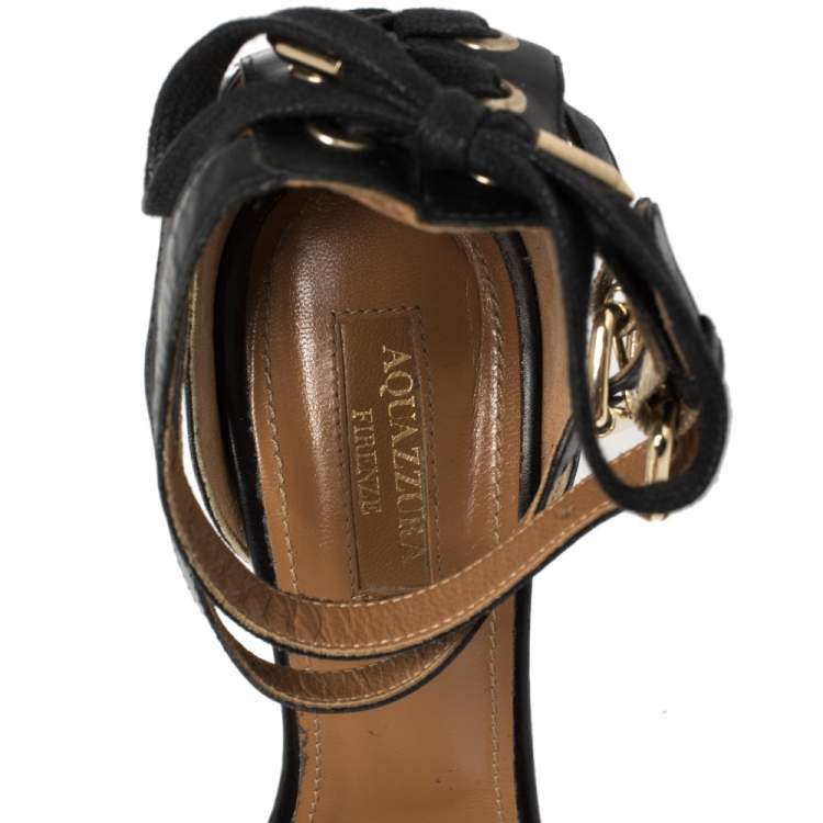 Pre Owned  Aquazzura Black Leather Pina Colada Double Strap Sandals Size 37