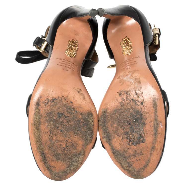 Pre Owned  Aquazzura Black Leather Pina Colada Double Strap Sandals Size 37