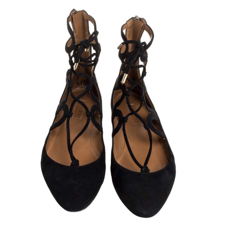 Pre Owned Aquazzura Black Suede Belgravia Ballet Flats Size 37.5