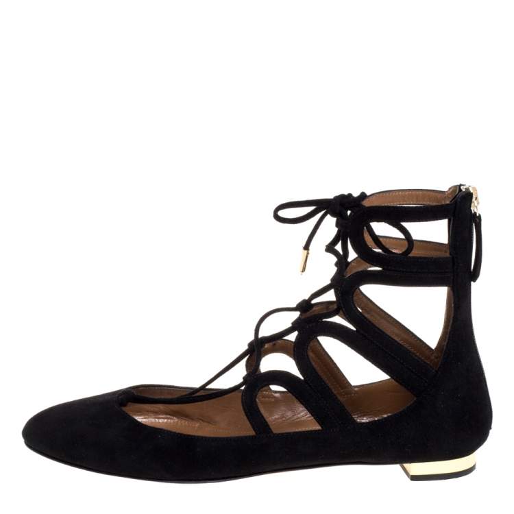 Pre Owned Aquazzura Black Suede Belgravia Ballet Flats Size 37.5