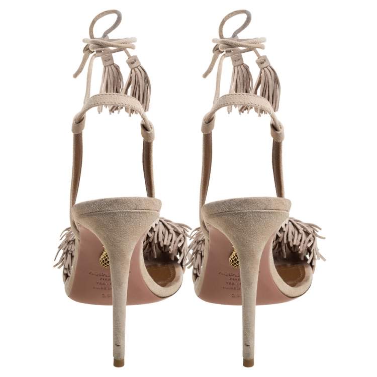 Pre Owned Aquazzura Beige Suede Leather Wild Thing Fringe Ankle Wrap Sandals Size 38.5