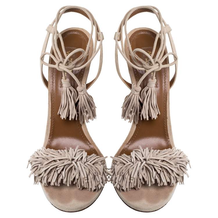 Pre Owned Aquazzura Beige Suede Leather Wild Thing Fringe Ankle Wrap Sandals Size 38.5
