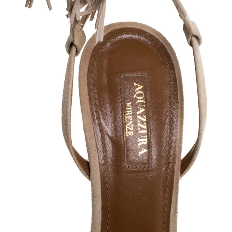 Pre Owned Aquazzura Beige Suede Leather Wild Thing Fringe Ankle Wrap Sandals Size 38.5