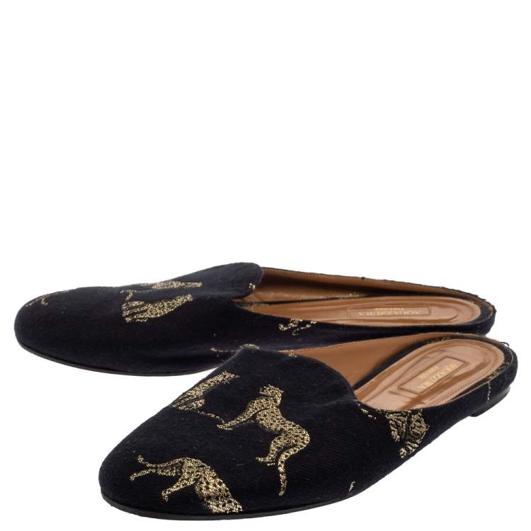 Pre Owned Aquazzura Navy Blue Canvas Tiger Embroidered Mules Flat Size 41