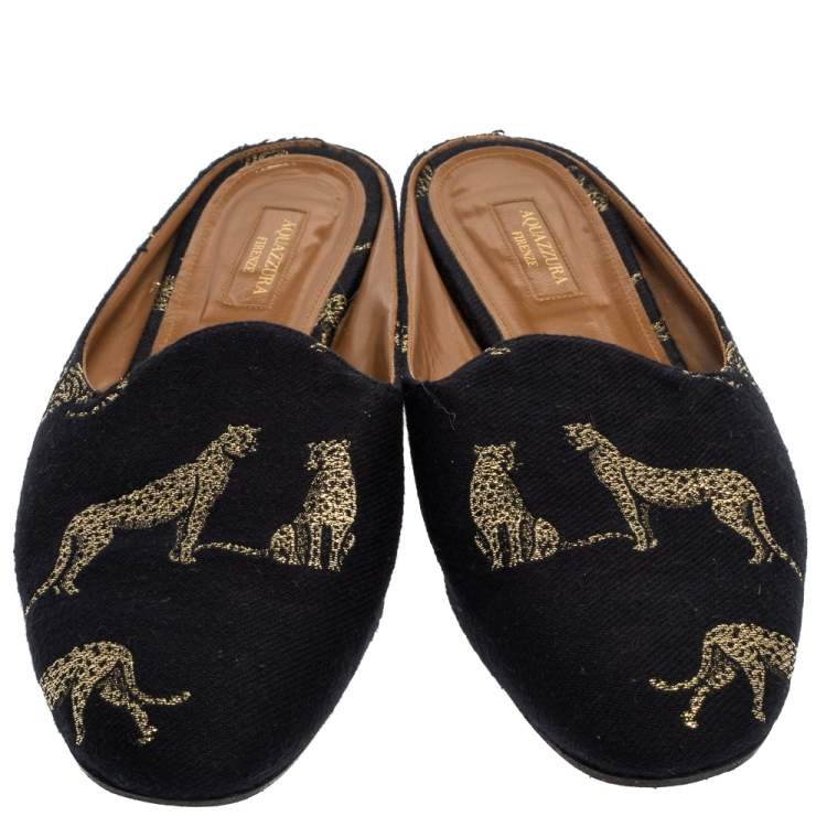 Pre Owned Aquazzura Navy Blue Canvas Tiger Embroidered Mules Flat Size 41