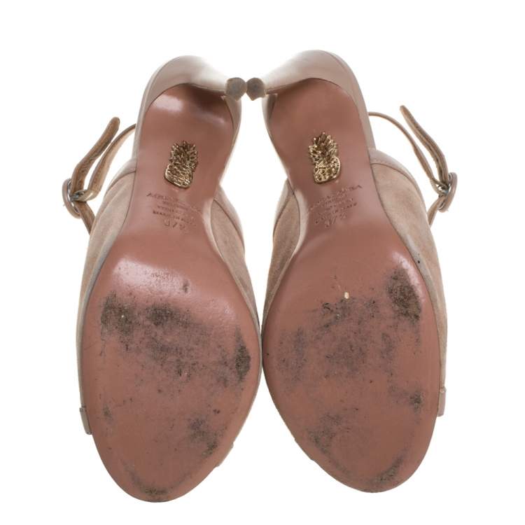 Pre Owned Aquazzura Beige Suede And Leather Trim Mule Sandals Size 37.5